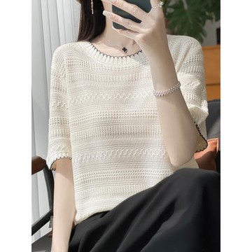 (免運)時尚提花短袖t恤女夏季2025新款打底衫洋氣大碼女裝冰絲針織上衣