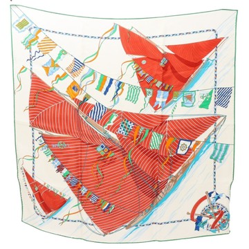 HERMES 愛馬仕 Claque au Vent Scarf 70 方巾 白/紅色 絲綢 【二手名牌BRAND OFF】