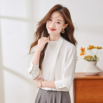 『百貨屋二號』雪紡拼接上衣2025春夏新款高端輕奢紐扣顯瘦休閑圓領打底衫女