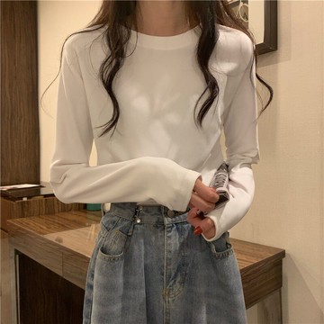 秋冬2021年新款基礎簡約半高領白色打底衫女內搭磨毛t恤長袖上衣