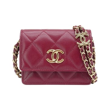 Chanel  VIC贈品 菱格羊皮雙鏈風琴卡包(AP0238-酒紅)
