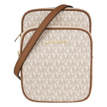 MICHAEL KORS- 金字滿版MK 防刮斜背航空包(白x駝)小款
