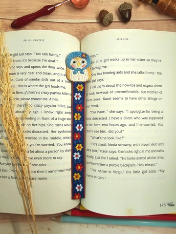 貓頭鷹刺繡書籤-藍頭巾