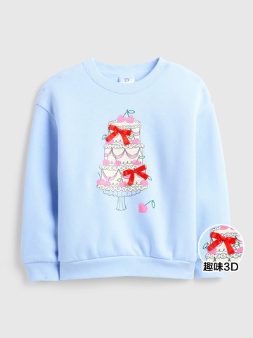 女幼童裝 印花趣味刷毛圓領大學T-淺藍色