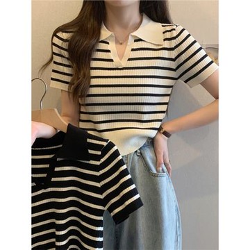 大碼女裝夏季條紋冰絲針織衫正肩短袖T恤胖mm顯瘦Polo領短款上衣