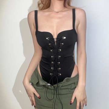 SylCue歐美風性感吊帶連體衣女系帶設計感露背修身小眾潮打底上衣