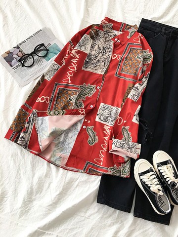 復古宮廷紅色襯衫女薄款旅游度假寬松學生設計感長袖ins流行上衣