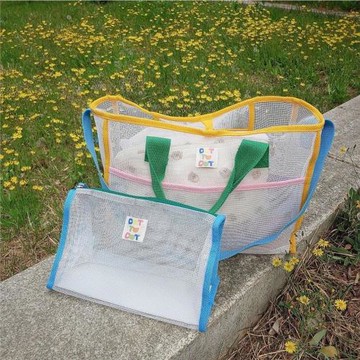 ins韓手提網眼洗漱包漏水浴兜大容量旅行游泳收納袋玩具籃文件袋