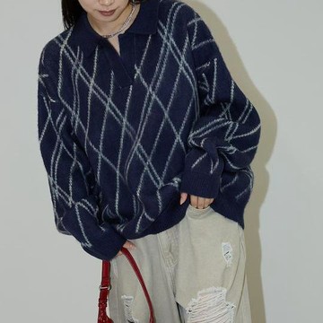 FREAK'S STORE 格紋仿馬海毛V領針織衫