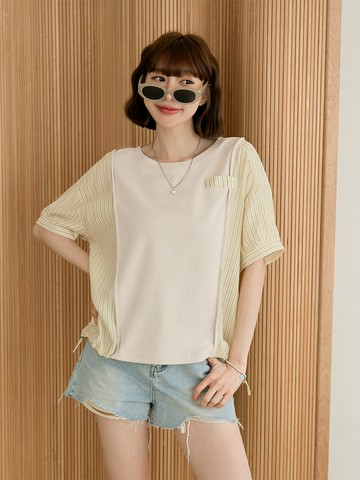 條紋拼接下襬抽繩短袖上衣