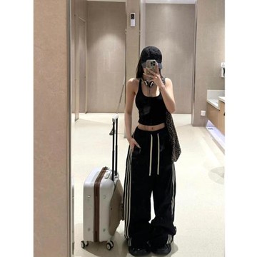 175高個子加長180街頭三條杠闊腿彎刀褲女寬松直筒休閑條紋運動褲