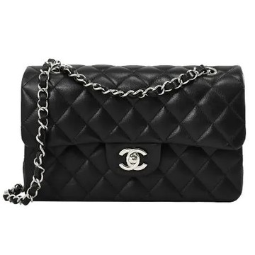 CHANEL A01113 COCO 經典雙C LOGO菱格紋小羊皮金鍊包.黑/銀 23CM