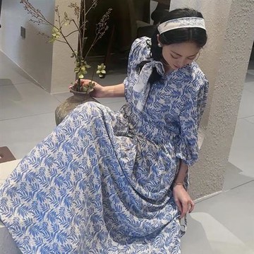 【韓國K.W.】現貨法式浪漫藍葉棉稠寬鬆自在居家服睡衣