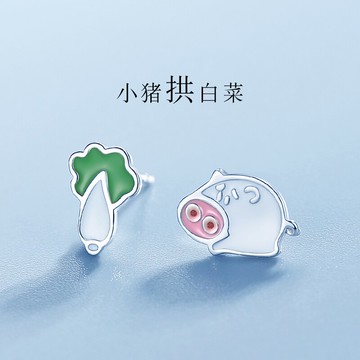 純銀豬鼻子耳釘女可愛創意個性不對稱耳環光面卡通搞怪趣味小耳飾