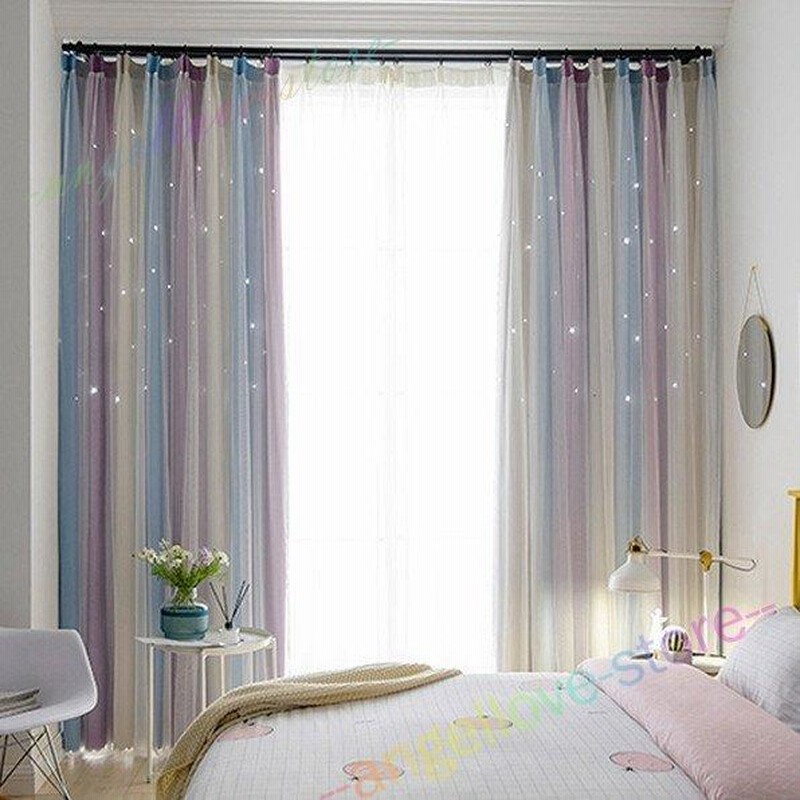 二重カーテン 姫系 星 透かし彫り グラデーション ダブル 一体型 ピンクグレー 穴 子供部屋 かわいい おしゃれ 通販  LINEポイント最大0.5%GET LINEショッピング