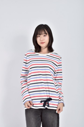 (L) phildar質感棉質條紋內刷毛白色長袖上衣