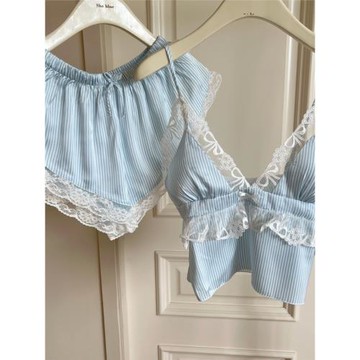 精致性感純欲冰絲吊帶睡衣女夏季新款蕾絲花邊條紋短褲家居服套裝