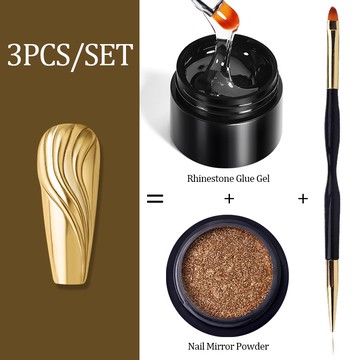 3件套 鏡面墨鏡粉套組 3D飾品粘鑽膠 金銀玫瑰金墨鏡粉 美甲粘鑽膠 光療拉線刷套裝 美甲裝飾 美甲工具