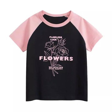 27home - 純棉短袖上衣-FLOWERS-黑色/粉紅