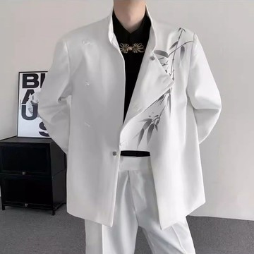【台灣出貨】 新中式男裝國風白色小西服高級感痞帥中山裝水墨竹子盤扣西裝外套