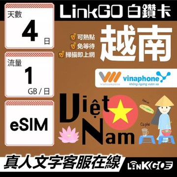 LinkGO白鑽卡 越南 eSIM卡 4天上網卡 每日1GB 雙電信 高速流量(越南網卡 下龍灣 峴港 胡志明市)