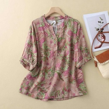 AKARA 日系棉麻拓印古著風粉彩排扣短袖上衣 中大尺碼 M-3XL
