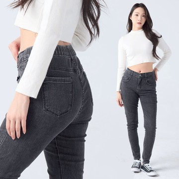 美腿翹臀 灰黑鬆緊腰窄管褲-【161-6951】