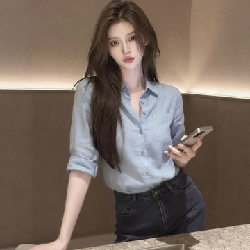淺藍色氣質襯衫 上衣 襯衣 襯衫 淺藍色襯衫女年春季新款高級設計感歐美風優雅通勤顯氣質上衣 韓版女裝