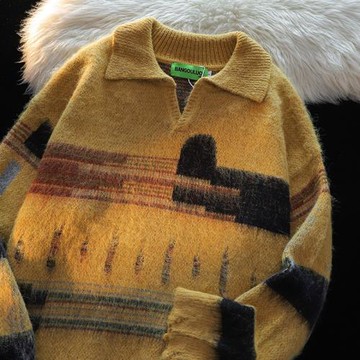 港風復古chic撞色翻領針織衫女秋季寬松bf慵懶風情侶休閑套頭毛衣