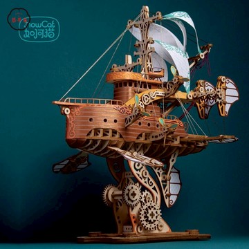 免運 模型 拼裝模型 兒童節禮物 奇幻飛船80天環游地球3D拼圖蒸汽朋克手工木質拼裝模型生日禮物