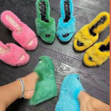 毛毛拖鞋平底坡跟拖鞋fur women wedge slippers ladies shoes