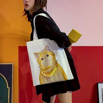 貓咪雙面插畫帆布包白色-加菲貓(包鍊項鍊兩用)