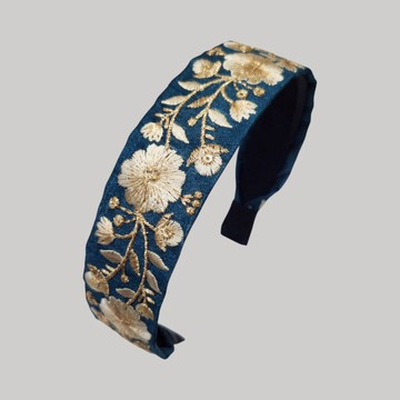 金線花朵・孔雀藍刺繡緞帶髮箍