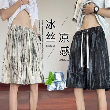 桃園出貨✨大碼男士短褲夏季時尚薄款冰絲學生寬鬆五分休閒潮流扎染沙灘中褲