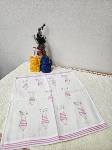 幸福買取??粉紅貓咪紗布小方巾