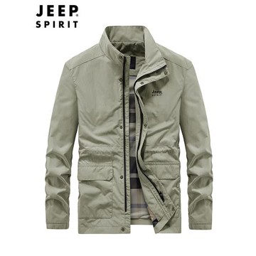 JEEP吉普中長款夾克男寬松立領風衣工裝商務休閑春秋薄款防風外套