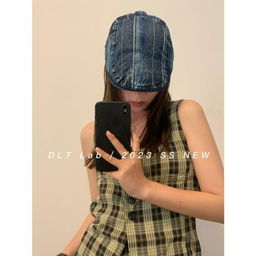 牛仔新品復古牛仔條紋報童帽女日系vintage前進帽男百搭