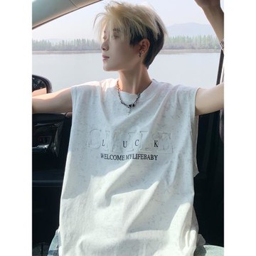 立體字母背心男夏季涼感冰絲無袖t恤寬松痞帥青少年短袖運動坎肩