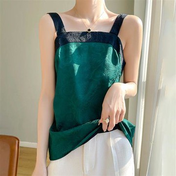 【巴黎精品】緞面背心絲質馬甲-拼色一字領提花美背女上衣2色a1iz117