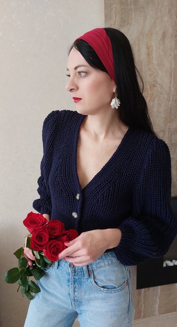 鈕扣針織外套 羅紋毛衣 短款毛衣 V領開衫 藍色開衫