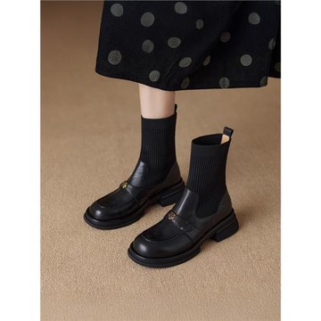 香港針織毛線彈力瘦瘦靴女2025春秋季襪靴中粗跟短靴英倫風馬丁靴