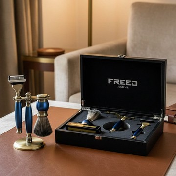 【FREED】五刀式古銅刮鬍刀豪華禮盒四件組-帝王藍 客製化刻字