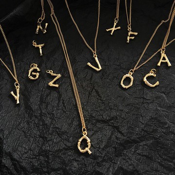 14K鍍金 26個字母名字縮寫竹節項鏈 情人節禮物情侶項鏈