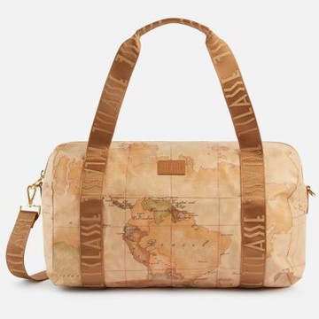 Alviero Martini 義大利地圖包 旅行王者 尼龍材質拉鍊筒形手提肩背旅行袋(附揹帶)40cm-地圖黃