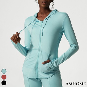 【Amhome】歐美瑜伽輕薄長袖健身運動中長版彈力合身外套# 113485(現貨+預購)