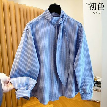 初色 韓系系帶領帶領單排釦長袖素色條紋寬鬆襯衫上衣女上衣-共2色-19256(M-XL可選)