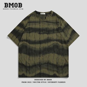 BMOB不規則條紋短袖t恤男女款夏季潮牌設計感破洞潮寬松半袖上衣