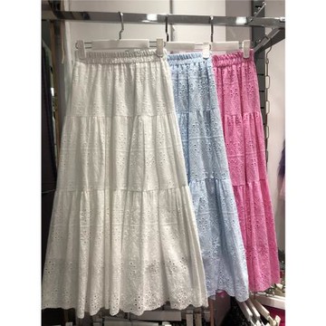 甜美日系全棉白色鏤空刺繡蛋糕裙半身中長裙百搭蕾絲a字長裙子仙