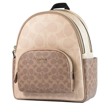 COACH 緹花LOGO雙側置物拉鍊後背包-棕/灰褐