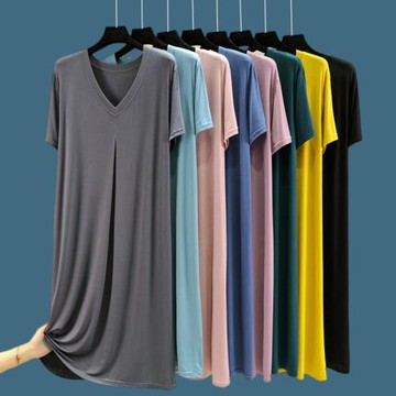 莫代爾V領睡裙女夏季大碼寬松薄款短袖連衣裙家居服睡衣過膝長裙